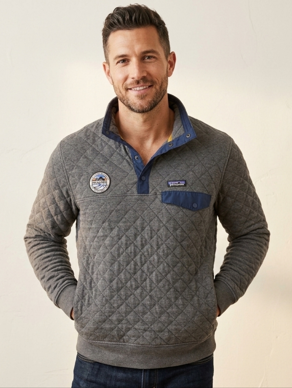 Patagonia Custom Organic Cotton Quilt Snap-T Pullover - Grey/Navy - Men’s M